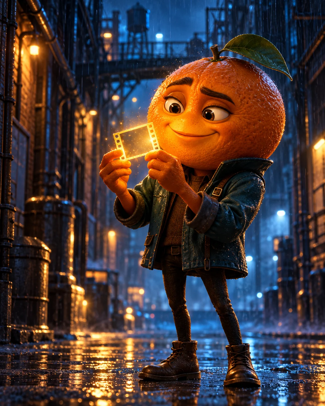 Laranja de jaqueta azul-petróleo em um beco cinematográfico, segurando uma pequena moldura luminosa.