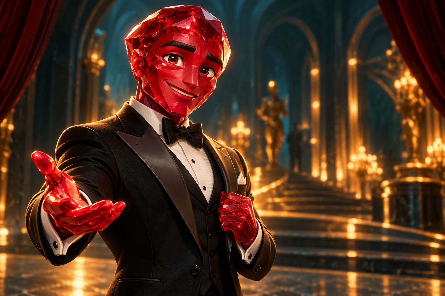 Personagem original de rubi vermelho, de smoking, em um salão iluminado em tons dourados.